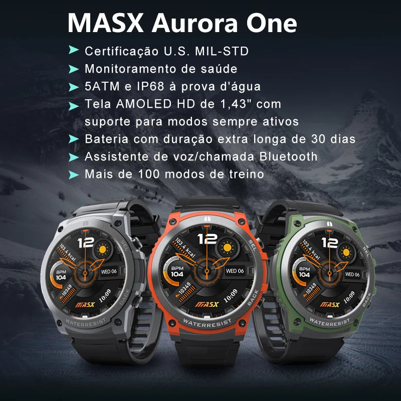 Relógio inteligente 2024 MASX Aurora One1.43'' Display AMOLED 400mAH chamada bluetooth Resistência de nível militar 5ATM relógio esportivo à prova d'água